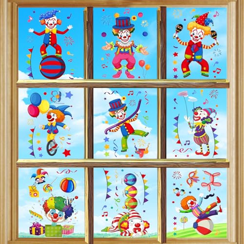 9 Stück Fensterbilder Karneval, Elektrostatische Adsorption Selbstklebend Fensteraufkleber Clown, Fenstersticker Deko Faschingsparty Fensterbilder Kinderzimmer Geburtstagsparty Window Sticker (JD2342)