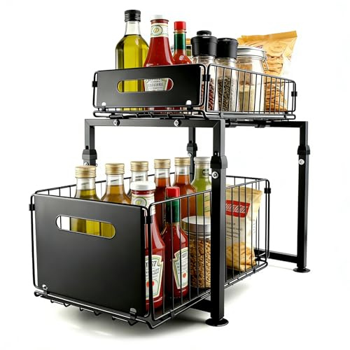 aqosnU Under Sink Storage & Organiser 2 Tier with Pull Out Sliding Drawer - Heavy Duty Metal Kitchen Storage Shelf Adjustable Height Cabinet Organiser for Bathroom - Space Saving Rack (Black)