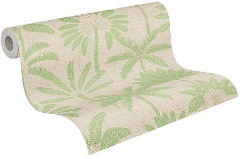 A.S. Création Palmenblatt-Vliestapete – Beige, Creme, Grün – 10,05 x 0,53 m | Florales Palmenblatt-Motivals Akzent – schimmernde Motivtapete im Metallic-Look, einfach zu verkleben & spurlos abziehbar