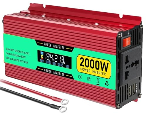 Transformateur Tension Onduleur 12 V À 220 V CA avec Prise Universelle pour Maison Extérieur Camping-Car Camion Écran LCD Protection Contre Les Surcharges Inverter(2000W)