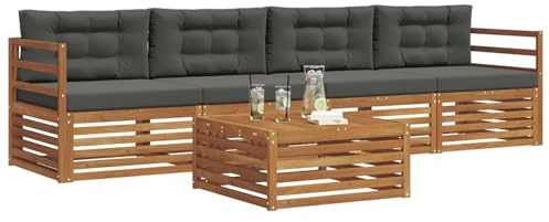vidaXL Outdoor-Sofagarnitur mit Kissen 5 pcs Natur und Anthrazit, Gartenlounge, modernes Outdoor-Sofa, Sitzmöbel für die Terrasse, langlebige Komfort-Einheit
