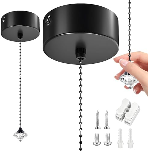 HOVCEH Pull Cord Light Switch Bathroom, Bathroom Light Pull Cord with 150cm Chain Kit, Light Pulls for Bathroom, Black Pull Cord Light Switch, Shower Pull Cord Switch for Bedroom, Kitchen, Living Room