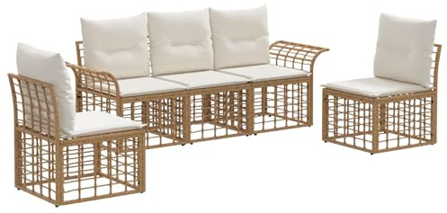 vidaXL Outdoor-Sofagarnitur 5 pcs Natürlich und Cremweiß Polyester, Modernes, wetterfestes, modulares Sofa-Set mit verstellbaren Füßen, für Bequeme und stilvolle Terrassenzeit
