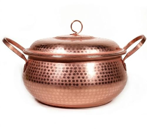 Pentola Artigianale da 20 cm in Rame Puro con Coperchio - Finitura Martellata, Adatta a Piani Cottura a induzione, Perfetta per zuppe, stufati, Campeggio e Cucina Professionale - Manico in o