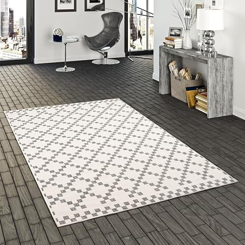 In- und Outdoor Teppich Newport Modern Karo Silber Grau - Beidseitig Verwendbarer und Wetterfester Teppich in Verschiedenen Größen für Terrasse, Balkon und Garten