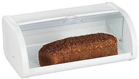 Relaxdays, weiß Brotkasten, Brot frisch halten, transparenter Rolldeckel, XL Family Größe, aus Stahl, leicht zu reinigen, 25 x 45 x 17,5 cm