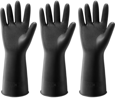ThxToms 3 Pairs Dishwashing Gloves, Reusable Latex Cleaning Gloves for Housework Kitchen Bathroom, Durable Flexible & Anti-slip, Smooth Lining, Easy On & Off, Extra Large, Black