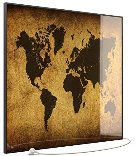 STEINFELD Glas Bild Infrarotheizung 1200 Watt – mit Thermostat | Motiv: 009 Weltkarte | Rahmen: Schwarz | 7 Jahre Garantie | Made in Germany | für Wand Montage
