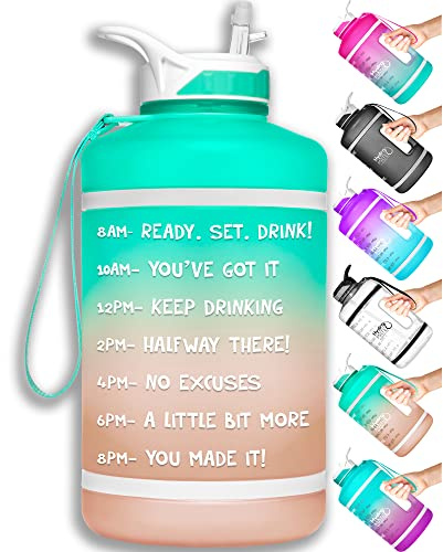 NatureWorks HydroMATE Half Gallon Water Bottle with Time Markers BPA Free Reusable Leak Proof Jug with Straw and Handle 64 oz (Mint Rose Gold)