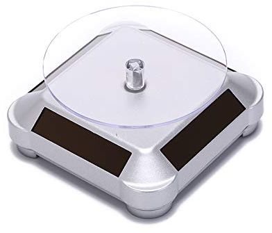 tooloflife Solar Powered Rotating stand Round-Silver Solar/AAA Battery Powered Showcase 2 Shapes 360 Degrees Turntable Rotating Watch Phone Jewelry Organizer Display Stand Mount Holder