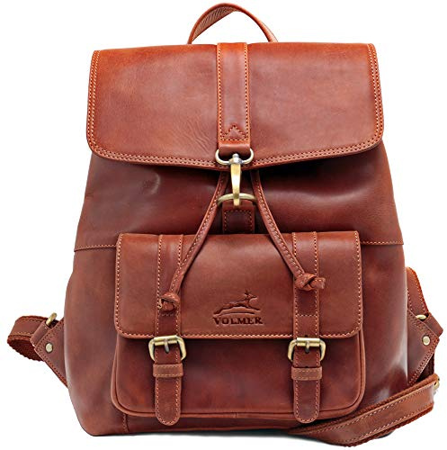 Fa.Volmer ® Rucksack Damen Elegant I Leder Daypack I kleiner Tagesruckack I ca. 39 x 30 x 15 cm (LxBxH) I rotbraun I Modell Dallas