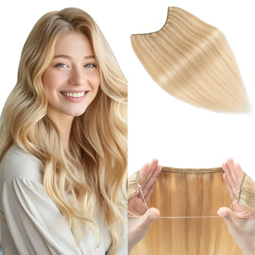 Elailite Secret Wire in Hair Extensions Real Human Hair on Wire One Piece Invisible Headband Extension with Clips Straight (#18/613 Ash Blonde Mix Bleach Blonde, 16 Inch-65 g)