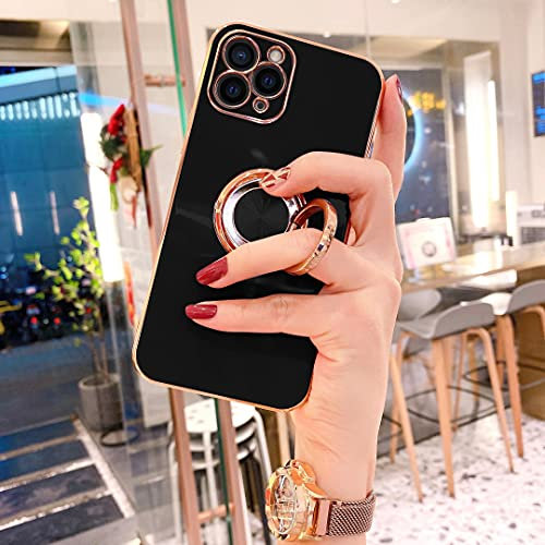 OWM iPhone 12 Pro Max Case with Ring Holder Stand Magnetic Back Silicone Shockproof Gold Edge Luxury Designer Girls Women Protective Phone Cover Compatible for iPhone 12 Pro Max 6.7 inch (Black)