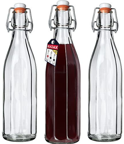 KADAX Bouteille en Verre de 1L avec Bouchon Hermétique pour la Conservation des Boissons, Parfaite pour le Kombucha et la Limonade (Lot de 3)