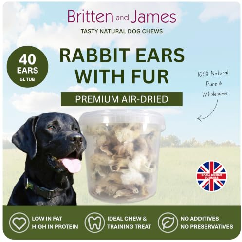 40 Airdried Rabbit Ears with Hair for Dogs by Britten and James | Natural Healthy and Tasty Dog Treat Chews in a 5L Tub