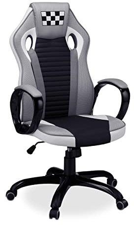 Relaxdays Sedia da Gaming, in Stile Racing, Fino a 120 kg, Girevole, Altezza Regolabile, 112-122x65x65 cm, Nero Grigio, Legno, 1 pz