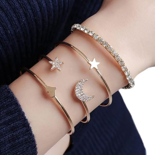Carufin Stern Mond Armband Boho Offener Kristall Armreif Schmuck Set für Frauen und Mädchen (4er Pack) (Gold)