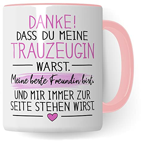 Trauzeugin Tasse DANKE! Dass du meine Trauzeugin warst Spruch Geschenk DankeschönTrauzeugin süßes Motiv schöne Geschenkidee Kaffeetasse Teebecher Hochzeit Dankesgeschenk (Weiß & Pink)