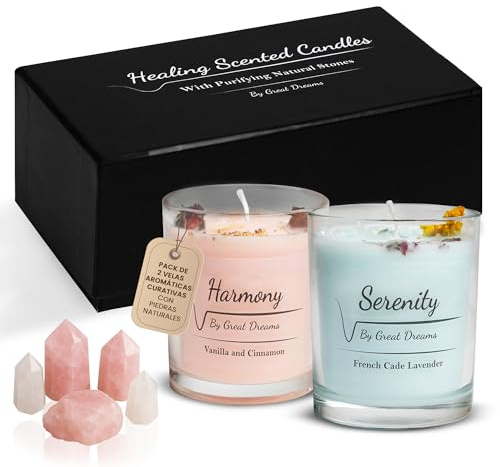 GreatDreams® Set 2 Velas Aromáticas Curativas con Piedras Naturales - Velas Decorativas Sin Parafinas y Hechas a Mano - Juego De Regalo De Vela Perfumada Para Mujer - Regalos Originales para Mujer.