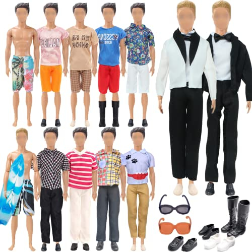 19 Pcs Ropas Accessorios Compatible con , 1 Traje + 5 Blusas + 5 Pantalones + 2 Pantalones de Playa + 4 Zapatos + 1 Vasos + 1 Tabla de Surf, para Muñecas de 12 Pulgadas, Selección Aleatoria