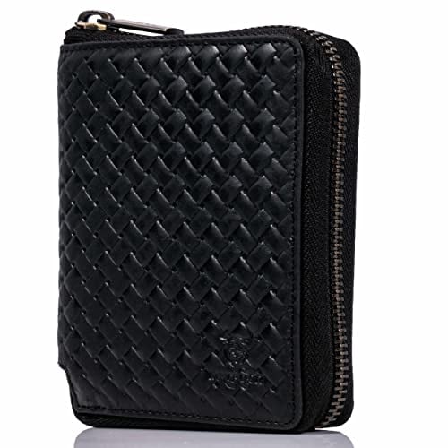 MATADOR Geldbeutel Damen mit Reißverschluss Geldbörse Herren Echt Leder Geldbeutel mit TüV geprüftem RFID Schutz & NFC Blocker in Flecht Design Schwarz