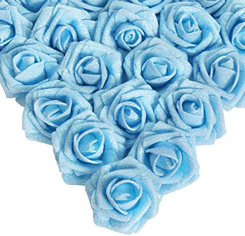 IPOPU Künstliche Glitzer-Rosen, Schaumstoffrosen, Glitzer-Rosen, Schaumstoffrosen mit Stiel, für selbstgemachte Hochzeit, Brautstrauß, Zuhause, Party-Dekoration, Hellblau, 25 Stück
