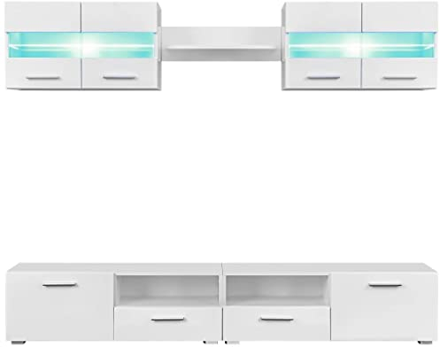 Hommdiy TV Wohnwand Set 5-TLG. LED Leuchten Hochglanz (Weiß)
