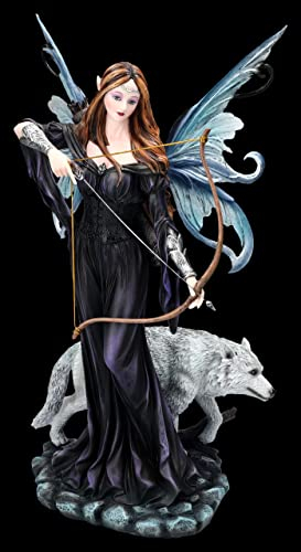 Fantasy Elfen Figur - Amora mit Bogen und Wolf 39,5 cm | Kriegerin Statue