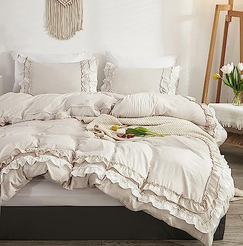GETIYA Exquisite Rüschen Bettwäsche 200x200 Khaki Beige Bettwäsche Einfarbig Elegant Doppellagige Rüschen Bettbezug Damen Mädchen Weich Mikrofaser Bettwäsche Doppelbett mit 2 Kissenbezug 80x80