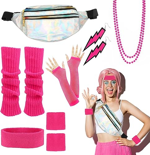 LWMTT 80er Jahre Damen Rosa SetGürteltasche,Ohrring, Halskette, Netzhandschuhe, 80er jahre Neon Beinwärmer Stirnband Armbänder 80er Jahre Kleidung Sport 90er 80er Jahre Damen Accessoires