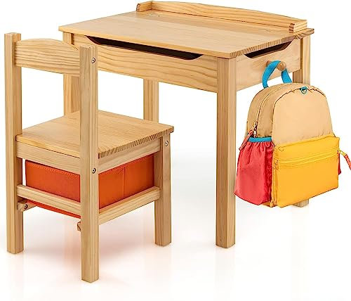 Kids Table and Chair Set, Flip Top Toddler Study Desk w/Chair for Playroom & Nursery, Wood Activity Table w/Storage Space, Safety Hinge, Pull-Out Drawer & Hook for Arts, Crafts (Natural)