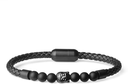 COAI Bracelet Homme Cordon en Cuir Noir Onyx Mat Tête de Bouddha L 23cm