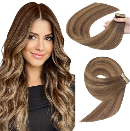 YDDM Tape Extensions Echthaar Goldbraun 20pcs 40cm 40g Schokoladenbraun mit Karamellblond Remy Invisible Tape in Extensions Echthaar Seidig Gerade Tapes Ins Haarverlängerung(16Zoll,4/4/27#)
