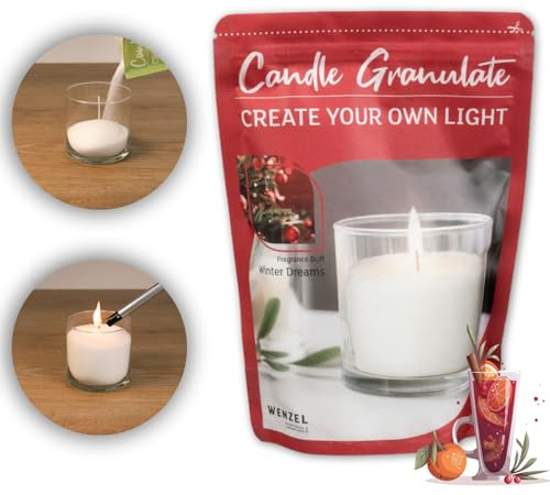 Kerzensand Kerzengranulat/Wachsgranulat im Beutel inkl. 4 Dochte - 400 g - mit Duft oder ohne Duft - universal einsetzbar - Gläser recyceln (Winter Dreams)