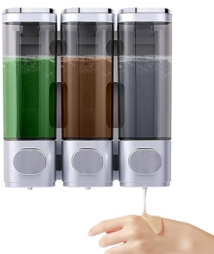 Soap Dispenser Wall Mounted, 3 * 300mL Shampoo and Shower Gel Dispenser, Hand Wash Body Wash Liquid Dispenser, No Drill Wall Mounted Shower for Home Hotel Restaurant (Silver)