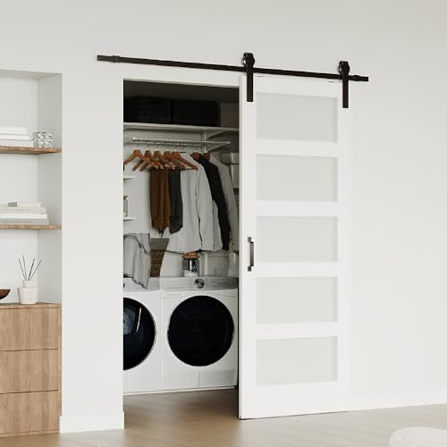 Lakenyon 30in x 84in Glass Barn Door, 5-Panel Frosted Glass Barn Door, with 6Ft Sliding Door Hardware Kit, Handle, Solid Wood and MDF White Door Panel, Waterproof PVC Surface, Pre-drilled Holes.