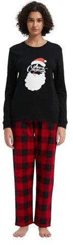 GLOBAL Femme Pyjama Flanelle Manches Long Ensembles de Pyjama Coton Chaleureux Vêtements de Nuit Confortable Carreaux Rouge NOI S