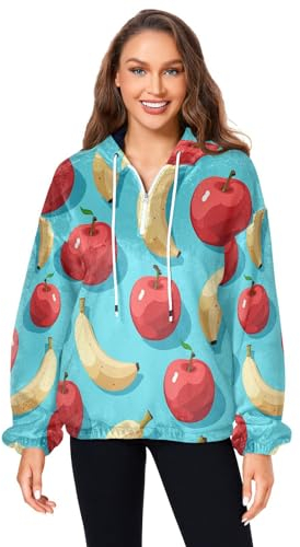 KAAVIYO Bananen-Apfel-Frucht-Kunst Damen Flauschiger Fleece-Mantel mit Taschen - Gemütlicher Oversize-Sweatshirt Pullover-Hoodie
