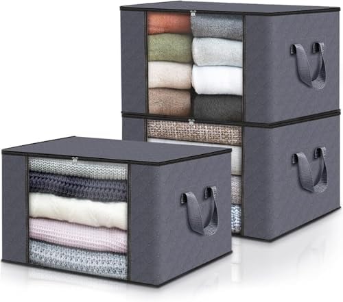 edihome, Cajas Almacenaje Ropa, Bolsas para Guardar Ropa, Organizador Armario, con Asas Reforzadas, Cajas Organizadoras, Fundas de Tela Resistente (Gris oscuro, Pack de 3)