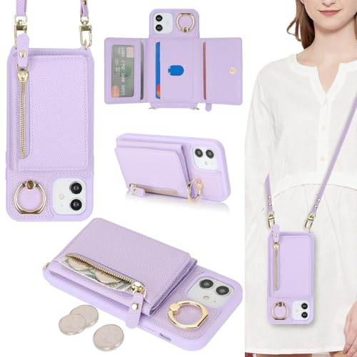 ELTEKER Handyhülle für iPhone 12 Mini Hülle mit Band Kartenfach Ringhalterung Geldbörse,Leder Klapphülle Umhängetasche Handytasche für iPhone 12 Mini - lila