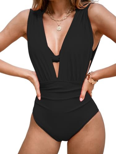 CUPSHE Women's One Piece Swimsuit Plunging Neck Bathing Suit Wide Halter Straps Underwire Ruched Back Hook Swimwear, XL Black