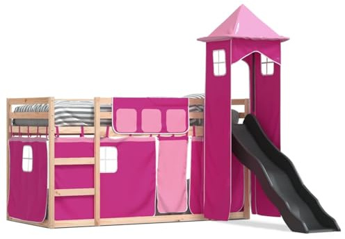 ShGaxin Lit superposé sans matelas avec toboggan et rideaux Rose 80 x 200 cm Lit pour enfants avec rangement