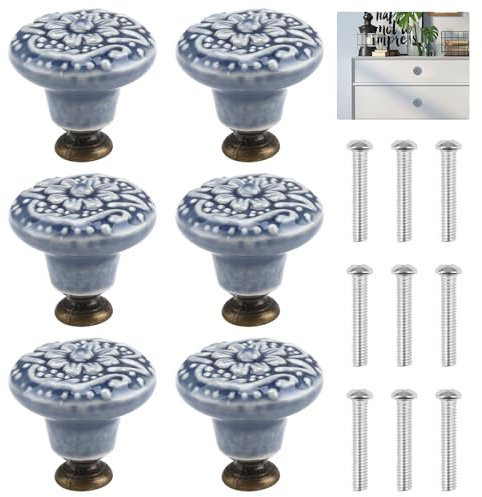 6 Pcs Ceramic Drawer Knobs, 31x34mm Vintage Pattern Ball Shape Pull Handles with Mounting Screws, Lovely Door Pull Knob for Home Dresser Cupboard Wardrobe Handles (Indigo Blue)