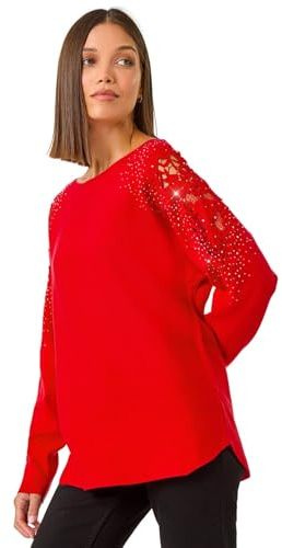 Roman Originals Diamante Sleeve Knit Jumper for Women UK - Ladies Everyday Autumn Winter Shaped Neckline Comfy Soft Evening Vacation Work Party Night Out - Red - Size M