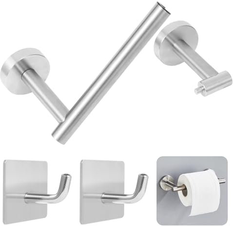 Toilet Roll Holder Chrome Towel Holder Wall Mounted Toilet Roll Holder Stainless Steel Double Post Pivoting Toilet Paper Holder No Drill and 2 Pcs Self Adhesive Hooks for Bathroom,Kitchen, Washroom
