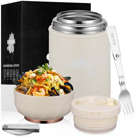 TranRantic Alimentaire Chaud, 500ml Acier Inoxydable Boite Alimentaire Isotherme, Lunch Box Isotherme avec Fourchette et Cuillère Pliables, Gamelle Isotherme pour Repas Chaud(Blanc)