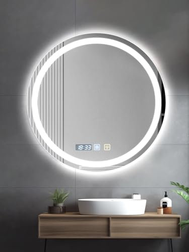 Hondony 60×60cm Round Bathroom Mirror with Led Lights, Illuminated Wall Mounted Vanity, Anti-fog, 3 Colors Dimmable Light, Demister Mirror with Backlit Lights for Bathroom