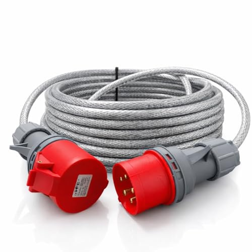 32A 5 Pin 3 Phase Extension Lead 10 metre – 415V Industrial Heavy Duty Steel Armoured Cable with CEE Plug & Socket – IP44 Site/Generator Power Lead – PAT Tested 10m