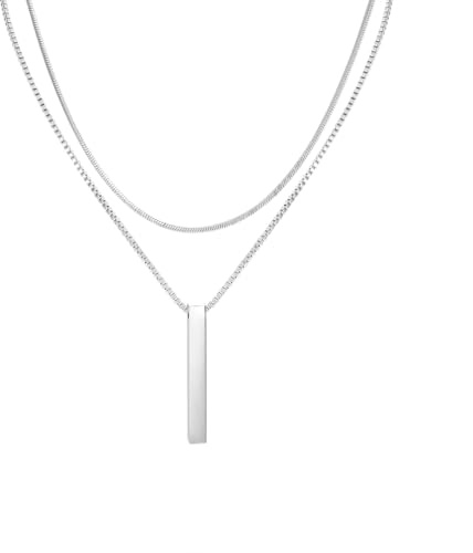 Eigso 2 Pcs Mens Necklace Stainless Steel Bar Pendant Necklaces Snake Chain Link Necklace Herringbone Necklace for Man Woman