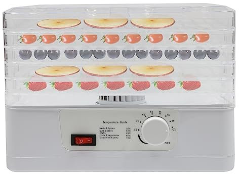 Dehydrator Maschine | Justierbare Temperatur | 5 Inserts | Trocknen für Fleisch, Obst, Gemüse | 360° Zirkulation | Gesundes Leben | für Haushalt und Outdoor | Leckereien + Haustier